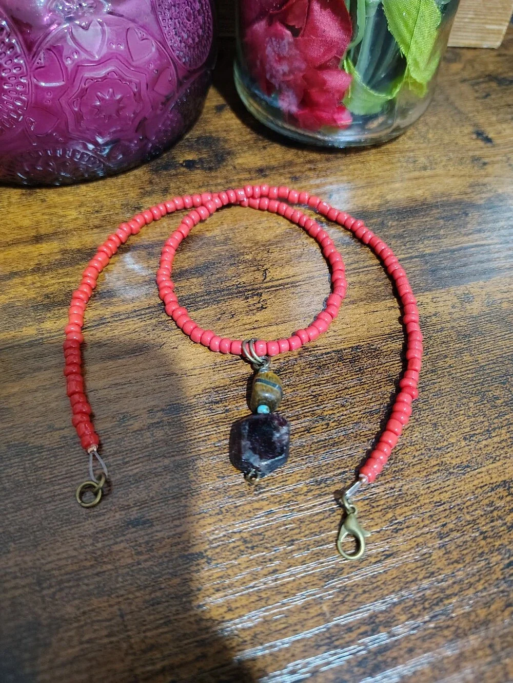 Red Beaded Gemstone Pendant Necklace - Men's Necklace